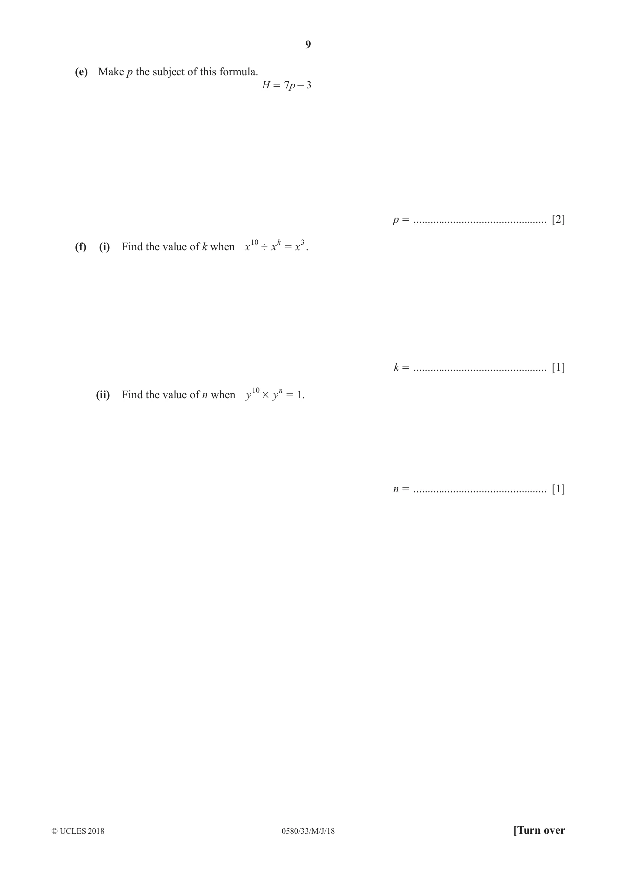 Cambridge IGCSE Mathematics 0580 2018 May/June Paper 3 · Variant 3 question paper, page 9 of 16