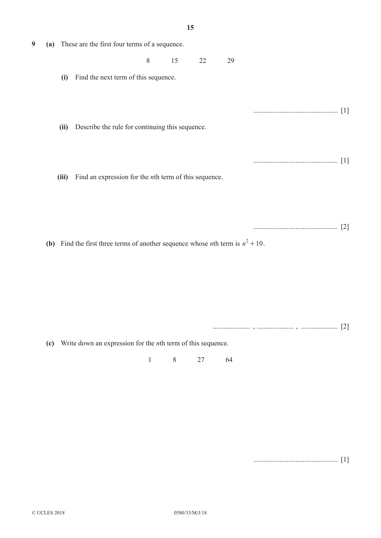 Cambridge IGCSE Mathematics 0580 2018 May/June Paper 3 · Variant 3 question paper, page 15 of 16