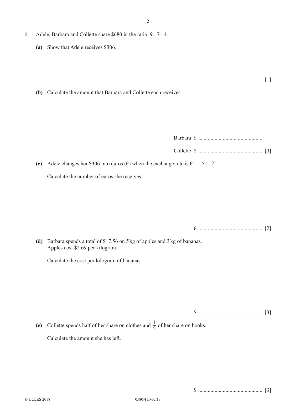 Cambridge IGCSE Mathematics 0580 2018 May/June Paper 4 · Variant 1 question paper, page 2 of 20