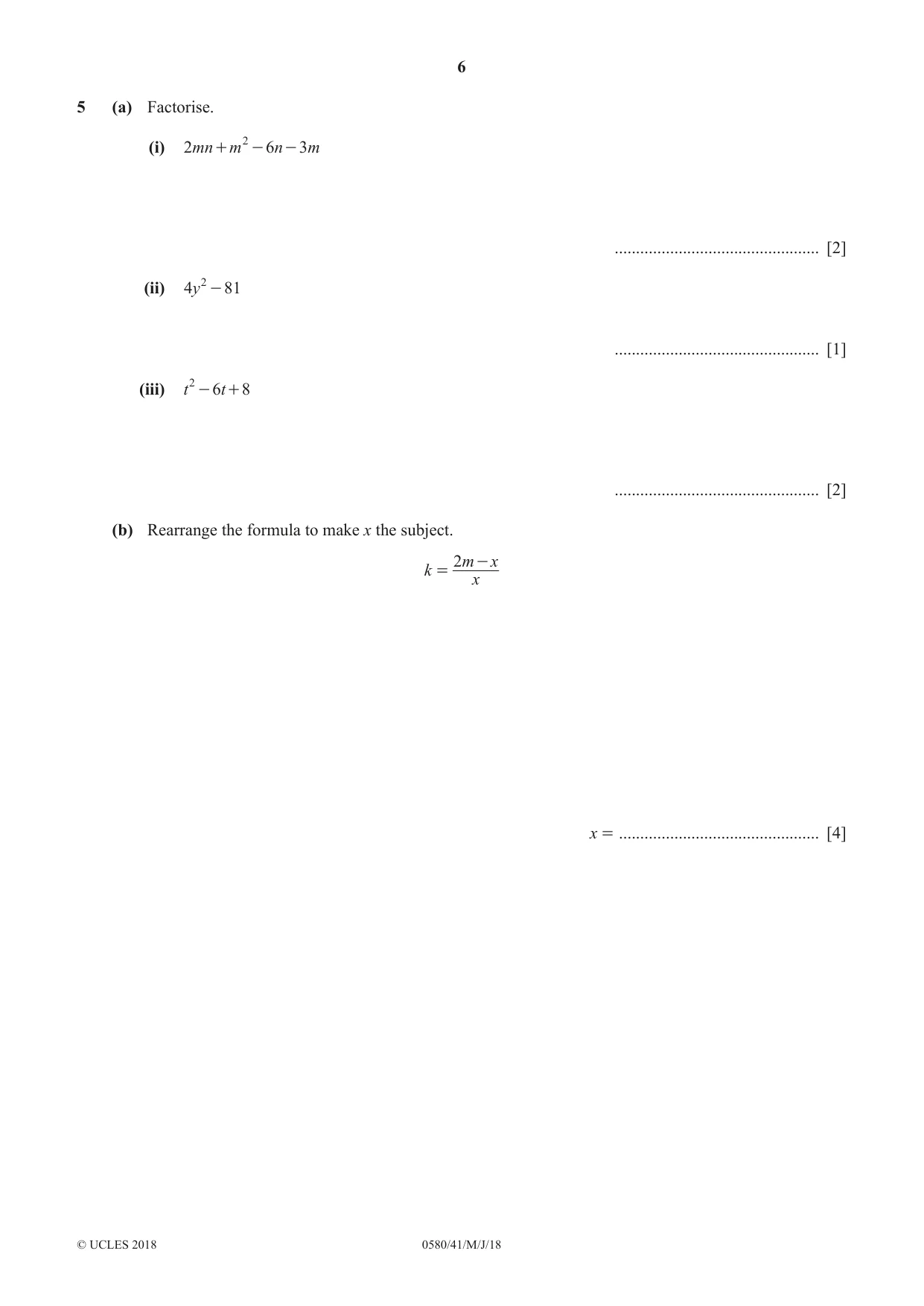 Cambridge IGCSE Mathematics 0580 2018 May/June Paper 4 · Variant 1 question paper, page 6 of 20