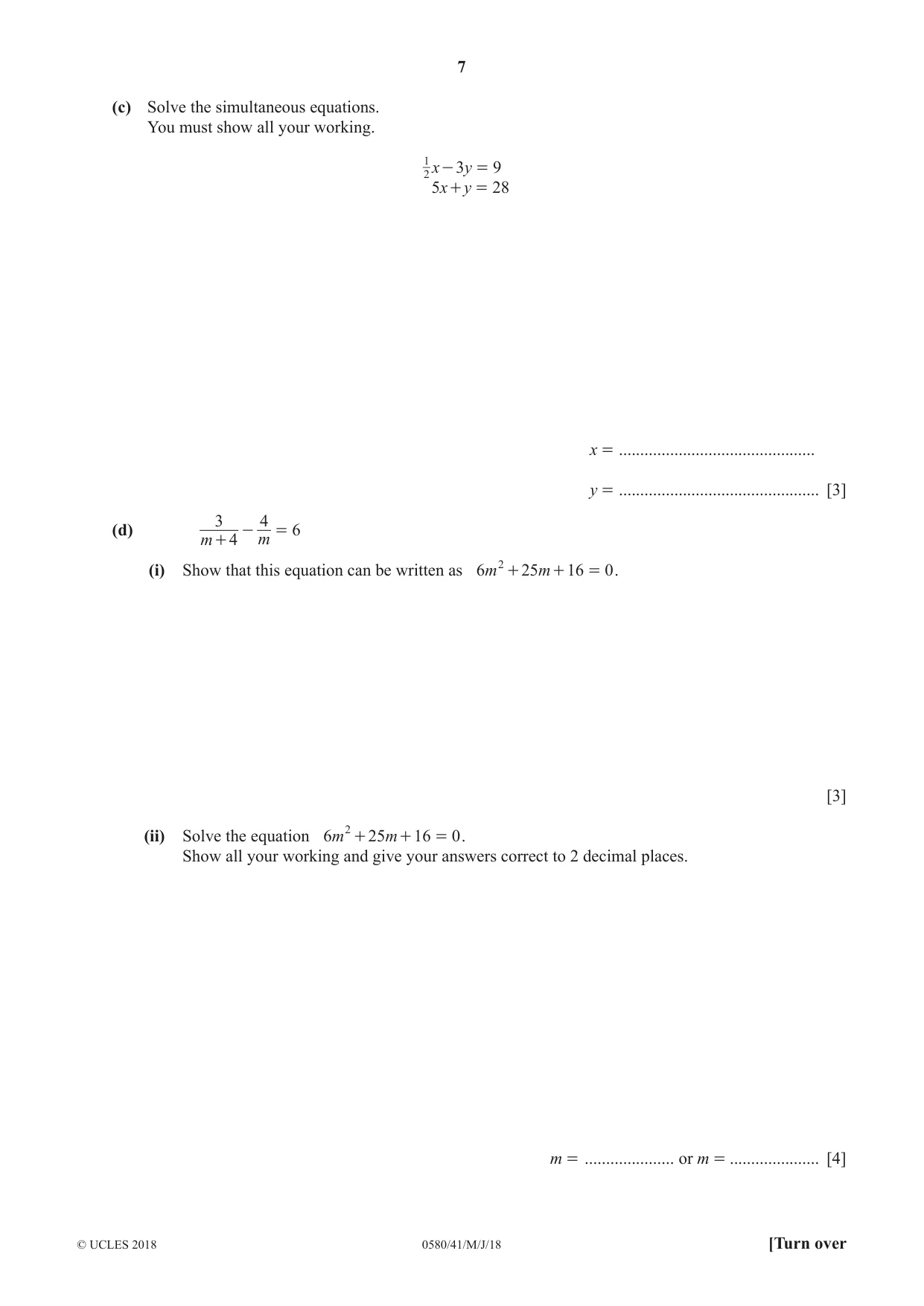 Cambridge IGCSE Mathematics 0580 2018 May/June Paper 4 · Variant 1 question paper, page 7 of 20