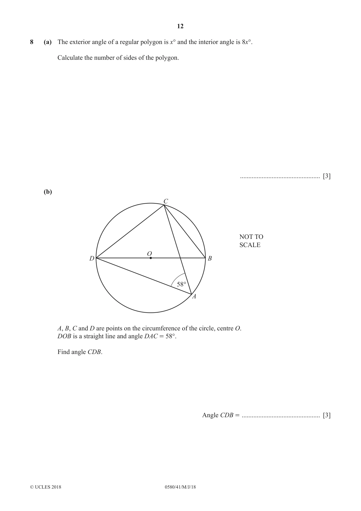 Cambridge IGCSE Mathematics 0580 2018 May/June Paper 4 · Variant 1 question paper, page 12 of 20