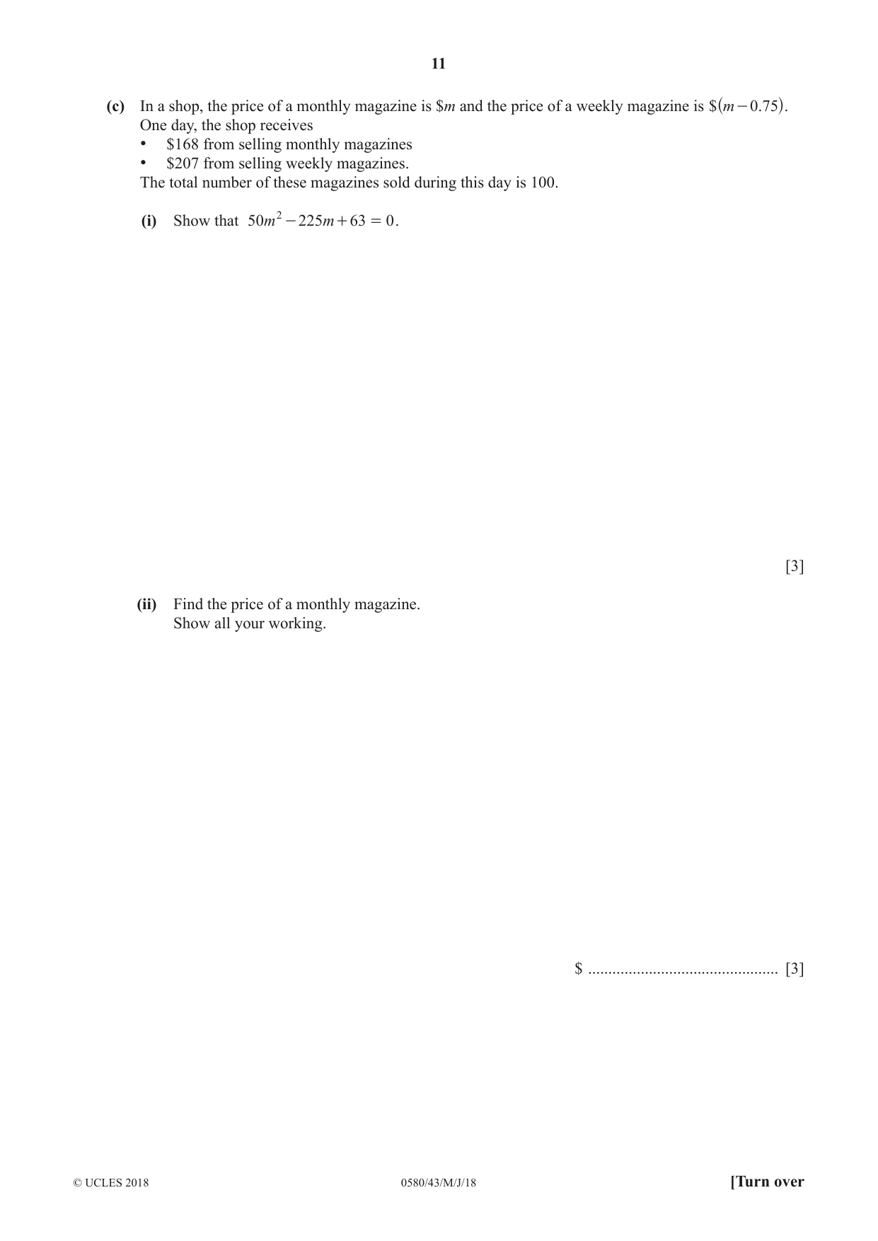 Cambridge IGCSE Mathematics 0580 2018 May/June Paper 4 · Variant 3 question paper, page 11 of 20
