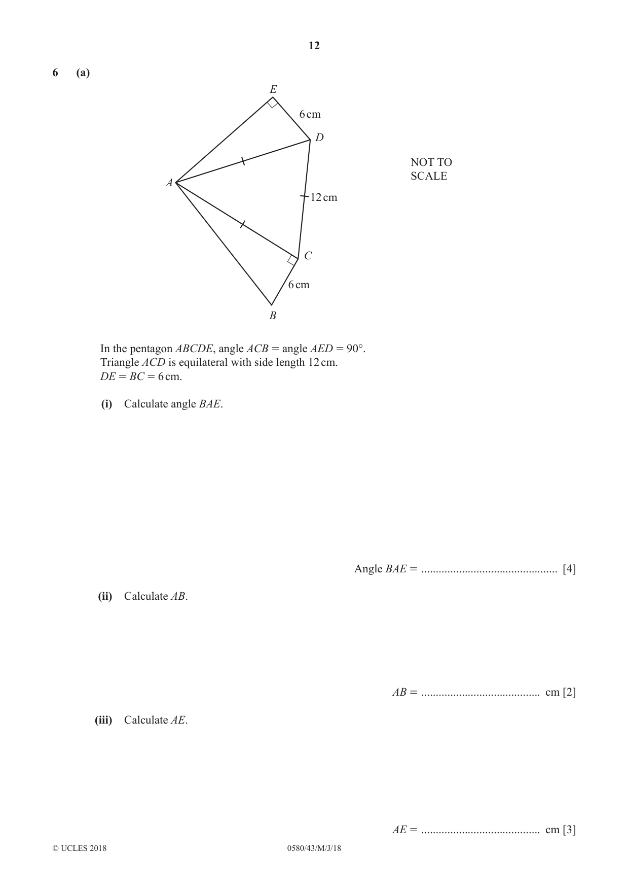 Cambridge IGCSE Mathematics 0580 2018 May/June Paper 4 · Variant 3 question paper, page 12 of 20