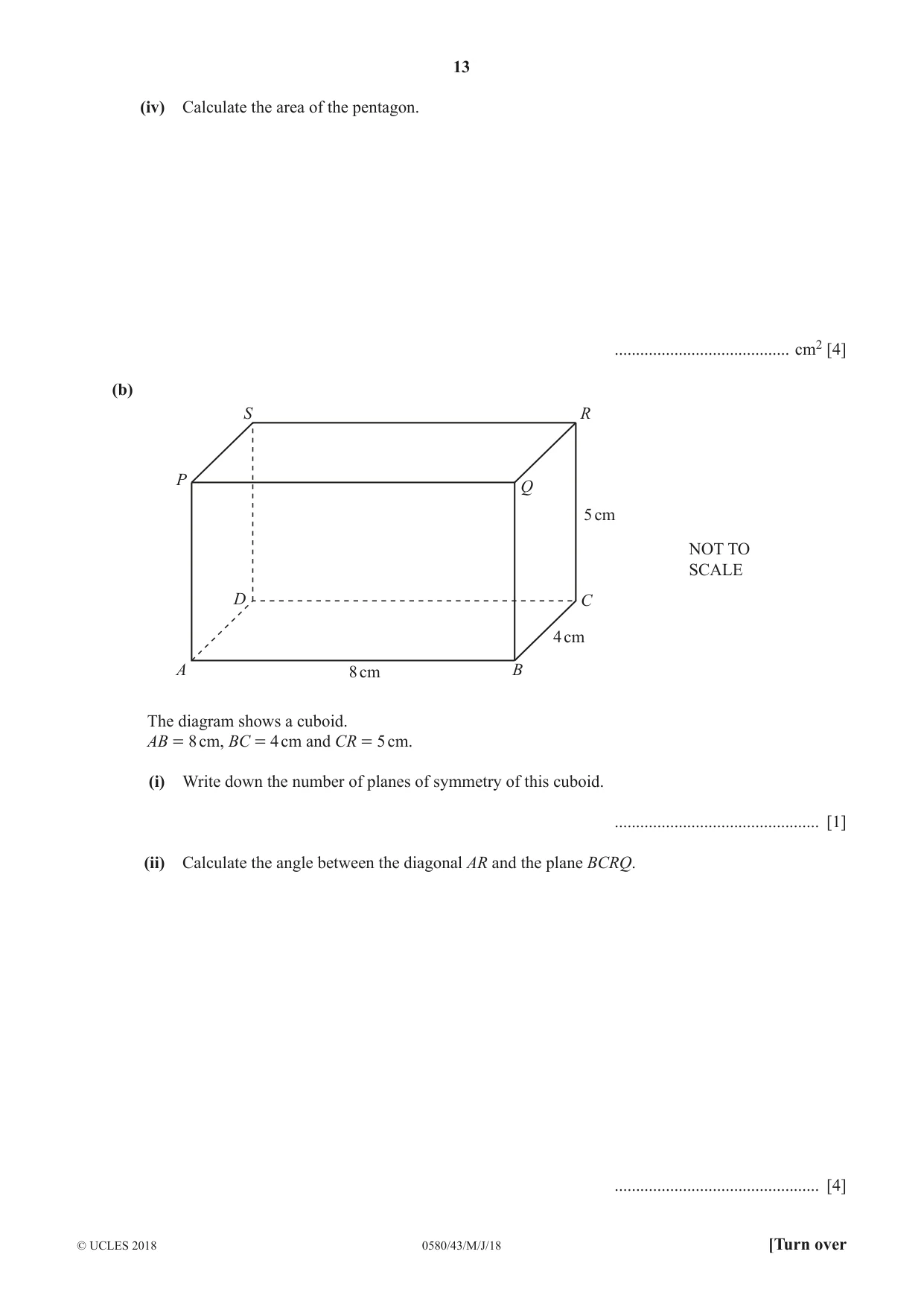 Cambridge IGCSE Mathematics 0580 2018 May/June Paper 4 · Variant 3 question paper, page 13 of 20