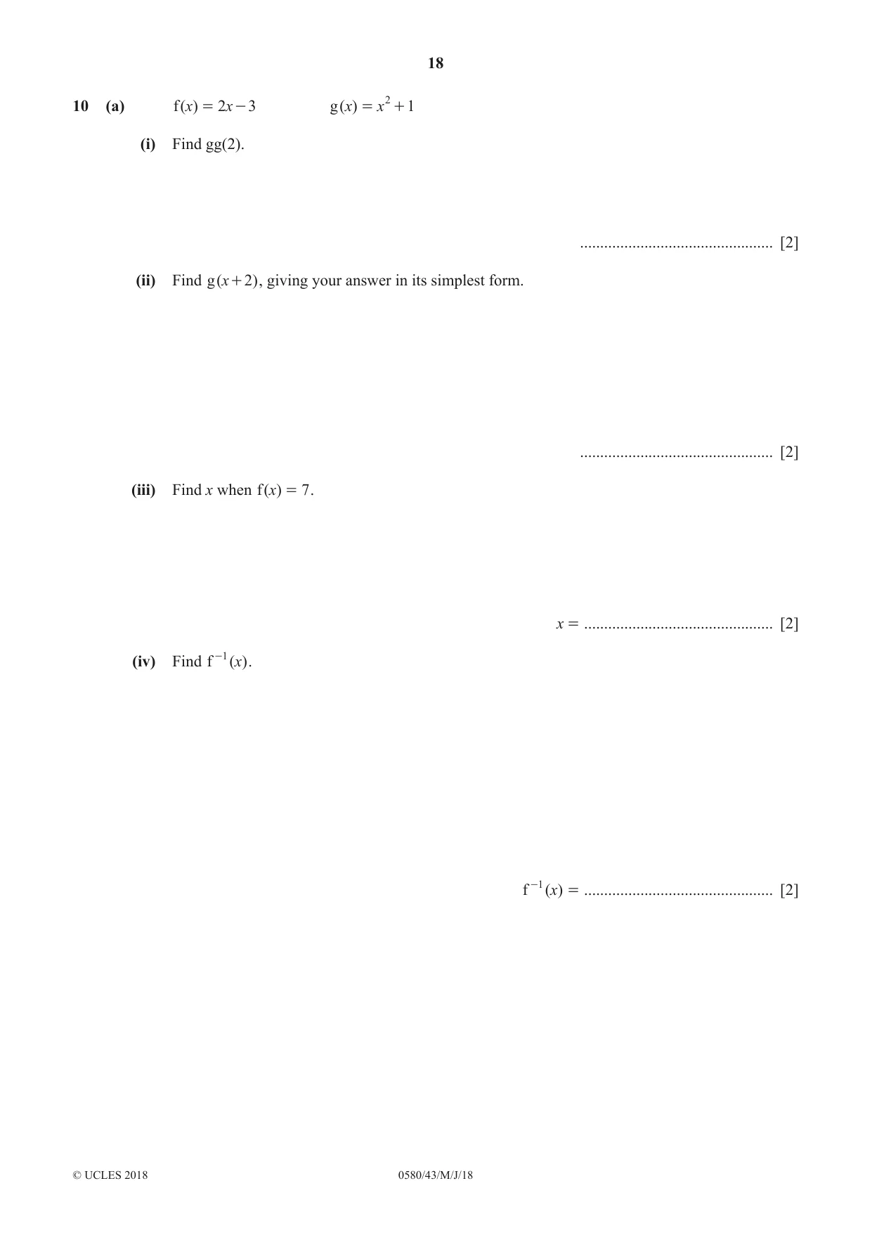 Cambridge IGCSE Mathematics 0580 2018 May/June Paper 4 · Variant 3 question paper, page 18 of 20