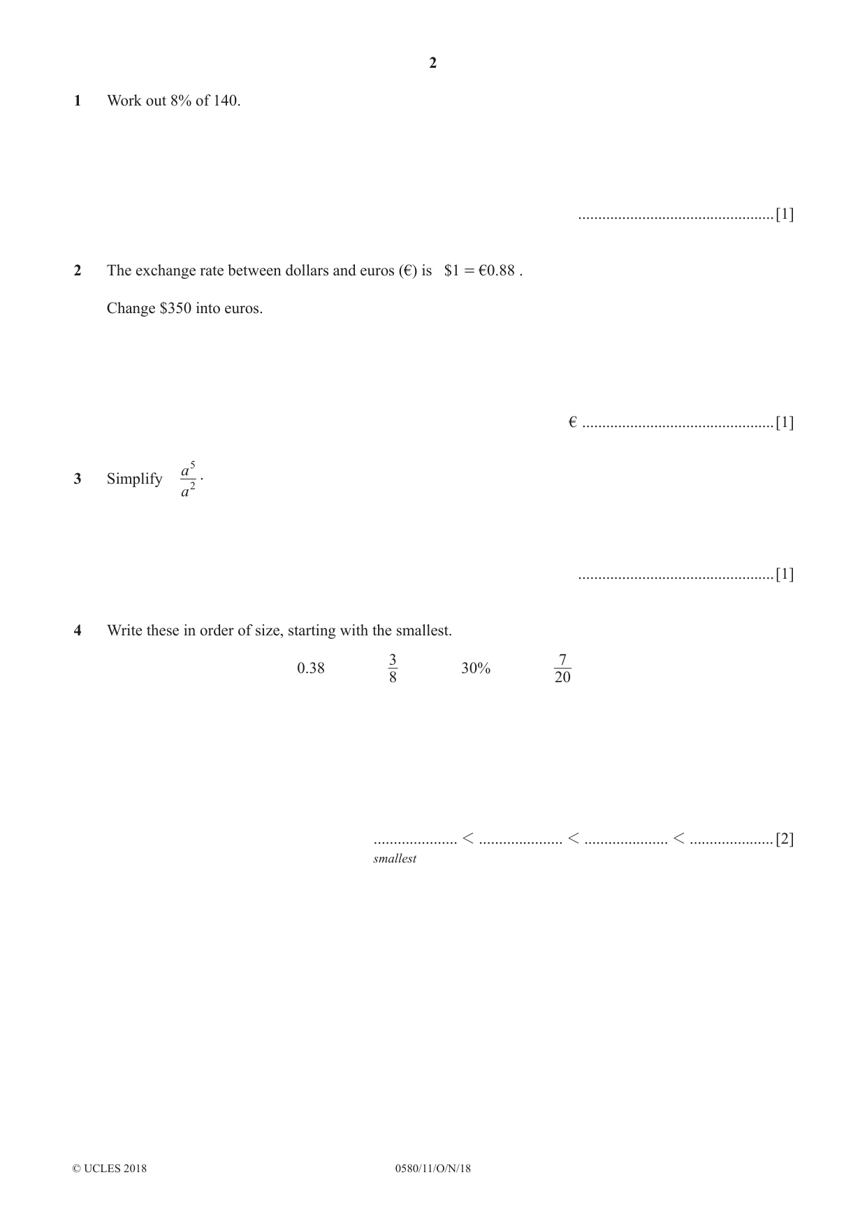Cambridge IGCSE Mathematics 0580 2018 Oct/Nov Paper 1 · Variant 1 question paper, page 2 of 12