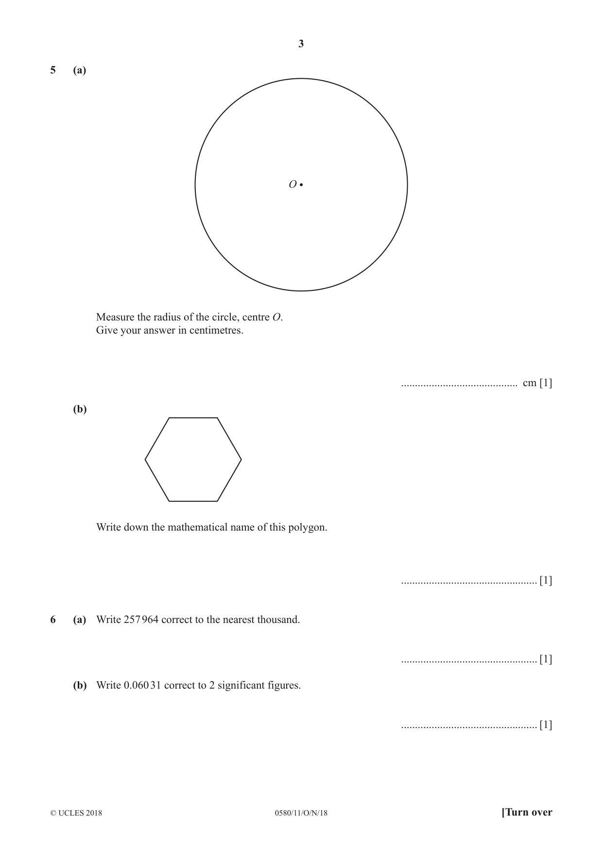 Cambridge IGCSE Mathematics 0580 2018 Oct/Nov Paper 1 · Variant 1 question paper, page 3 of 12