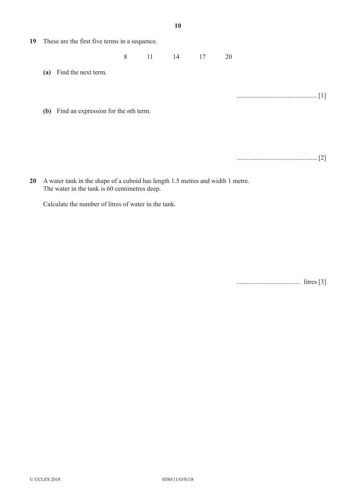 Cambridge IGCSE Mathematics 0580 2018 Oct/Nov Paper 1 · Variant 1 question paper, page 10 of 12
