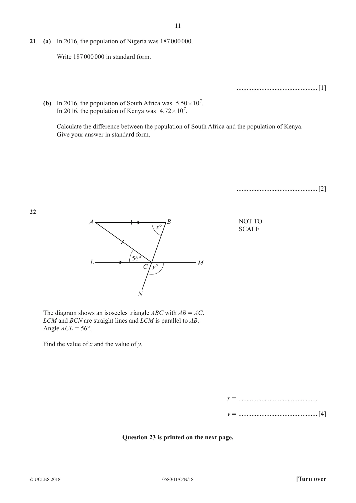 Cambridge IGCSE Mathematics 0580 2018 Oct/Nov Paper 1 · Variant 1 question paper, page 11 of 12