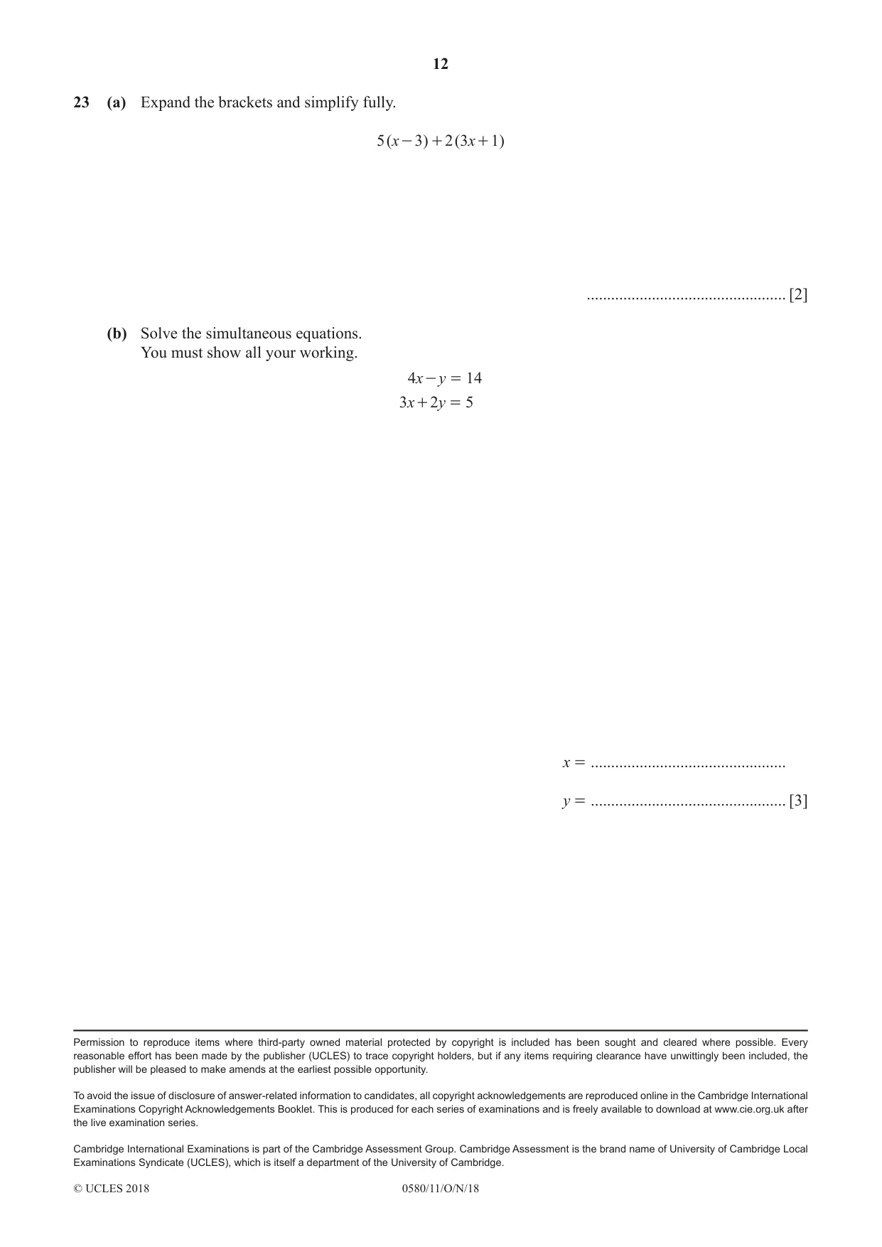 Cambridge IGCSE Mathematics 0580 2018 Oct/Nov Paper 1 · Variant 1 question paper, page 12 of 12