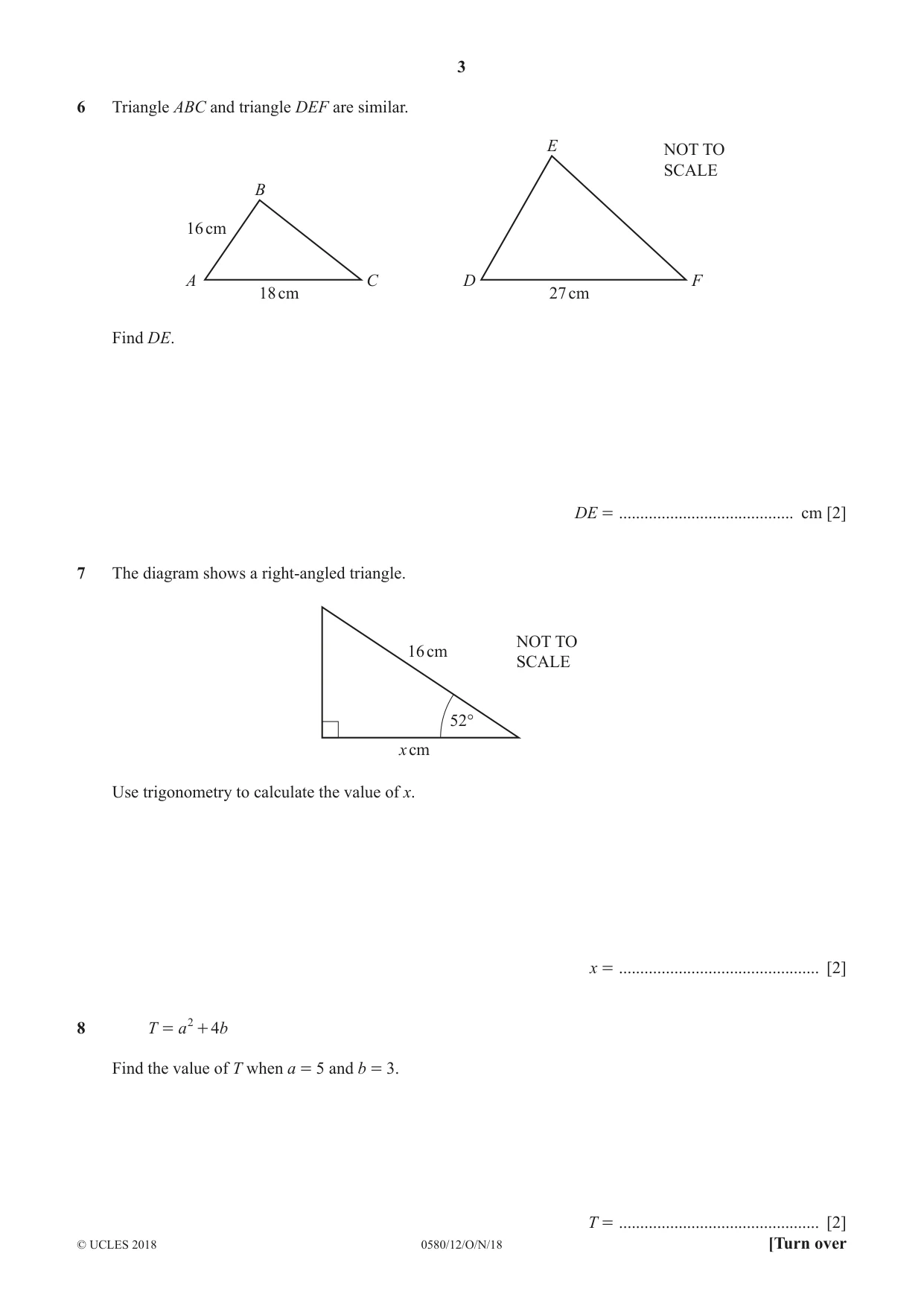 Cambridge IGCSE Mathematics 0580 2018 Oct/Nov Paper 1 · Variant 2 question paper, page 3 of 12