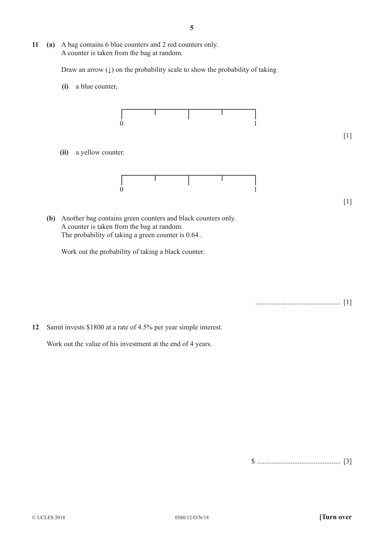 Cambridge IGCSE Mathematics 0580 2018 Oct/Nov Paper 1 · Variant 2 question paper, page 5 of 12