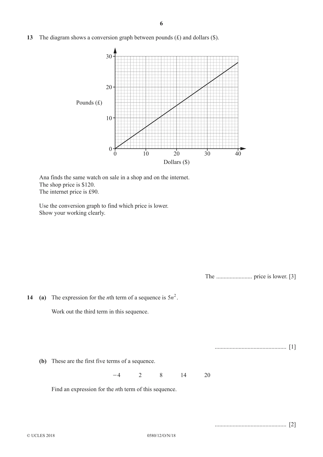 Cambridge IGCSE Mathematics 0580 2018 Oct/Nov Paper 1 · Variant 2 question paper, page 6 of 12