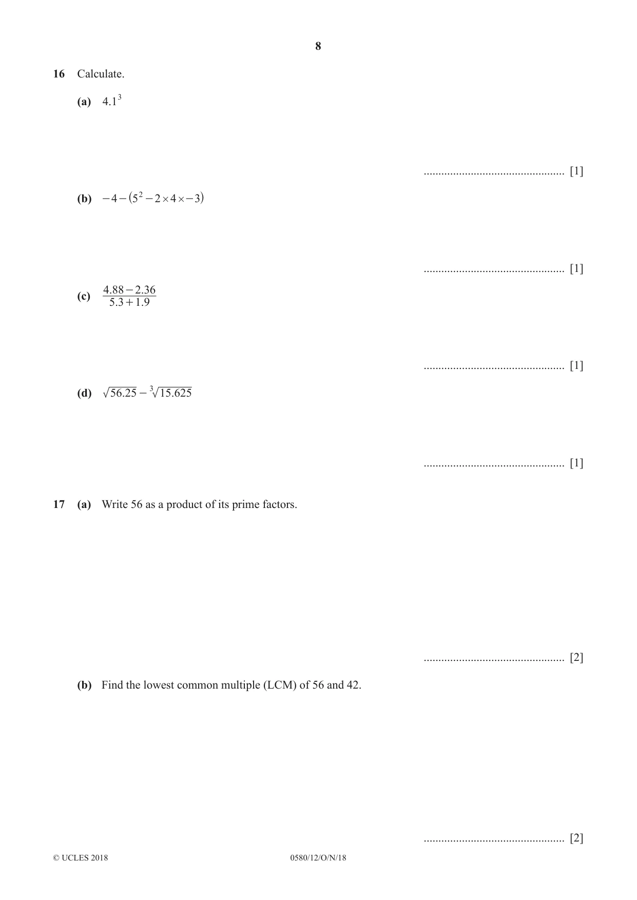 Cambridge IGCSE Mathematics 0580 2018 Oct/Nov Paper 1 · Variant 2 question paper, page 8 of 12