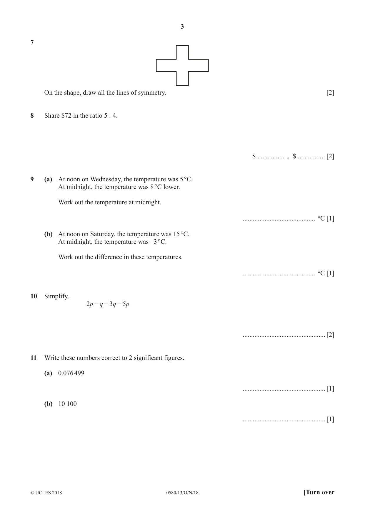 Cambridge IGCSE Mathematics 0580 2018 Oct/Nov Paper 1 · Variant 3 question paper, page 3 of 8
