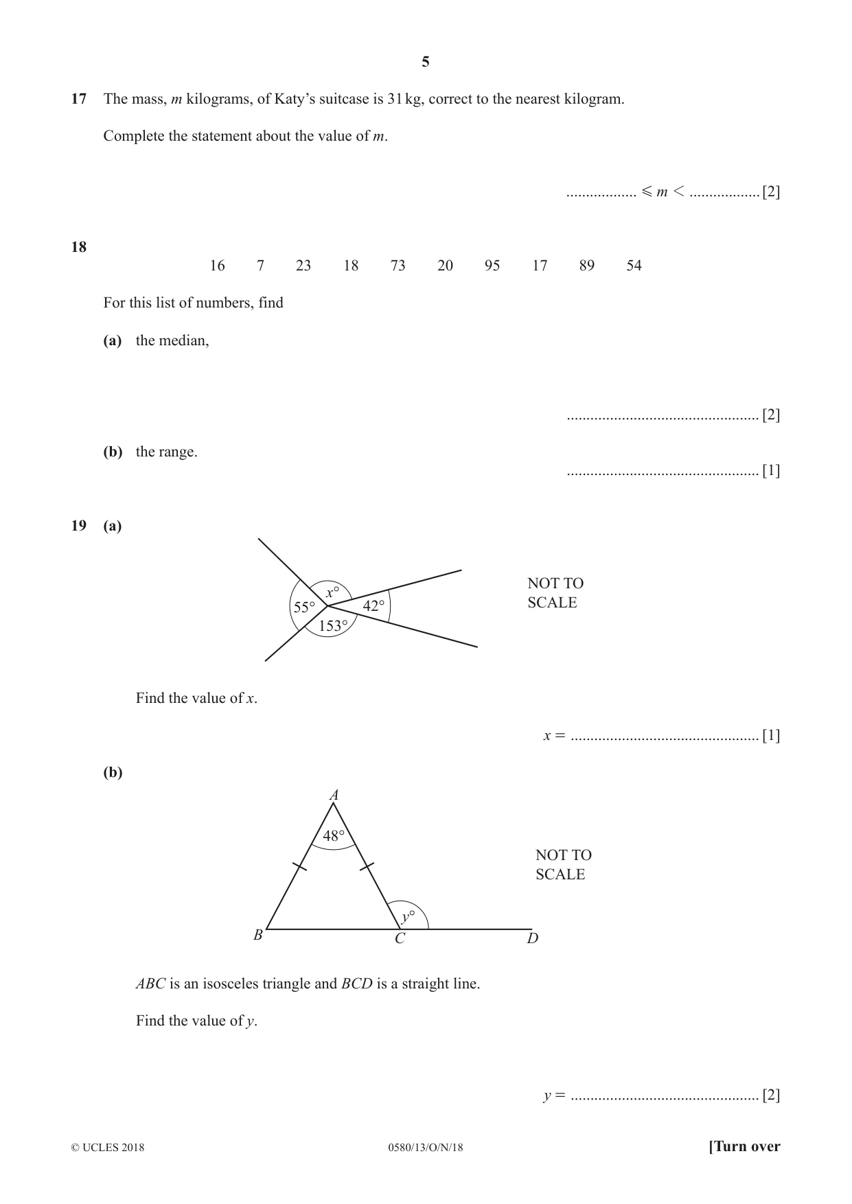 Cambridge IGCSE Mathematics 0580 2018 Oct/Nov Paper 1 · Variant 3 question paper, page 5 of 8
