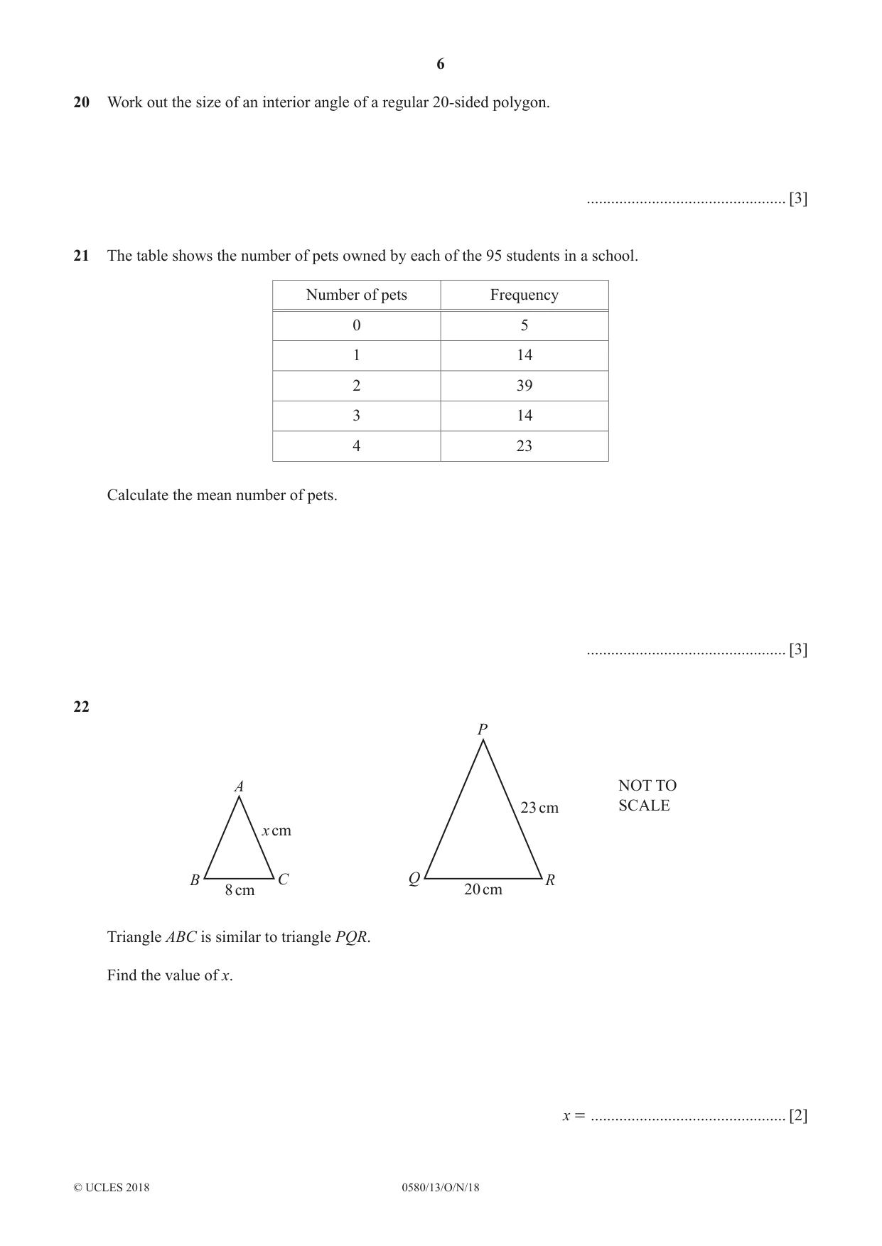 Cambridge IGCSE Mathematics 0580 2018 Oct/Nov Paper 1 · Variant 3 question paper, page 6 of 8
