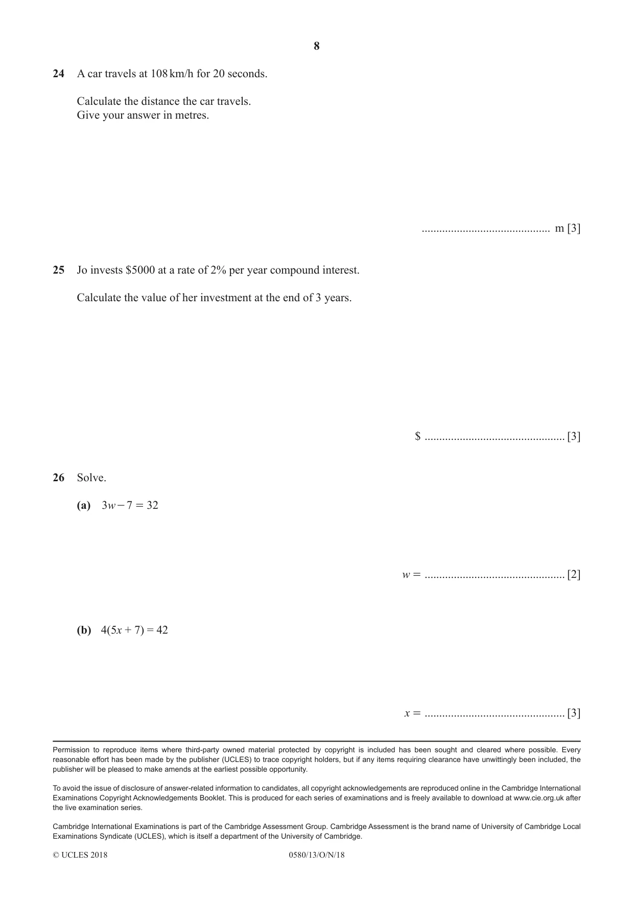 Cambridge IGCSE Mathematics 0580 2018 Oct/Nov Paper 1 · Variant 3 question paper, page 8 of 8