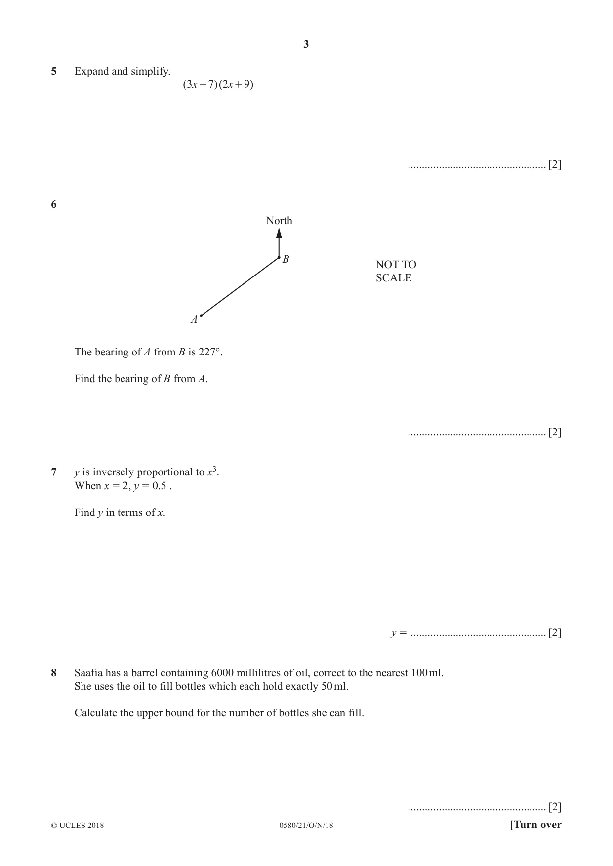 Cambridge IGCSE Mathematics 0580 2018 Oct/Nov Paper 2 · Variant 1 question paper, page 3 of 12