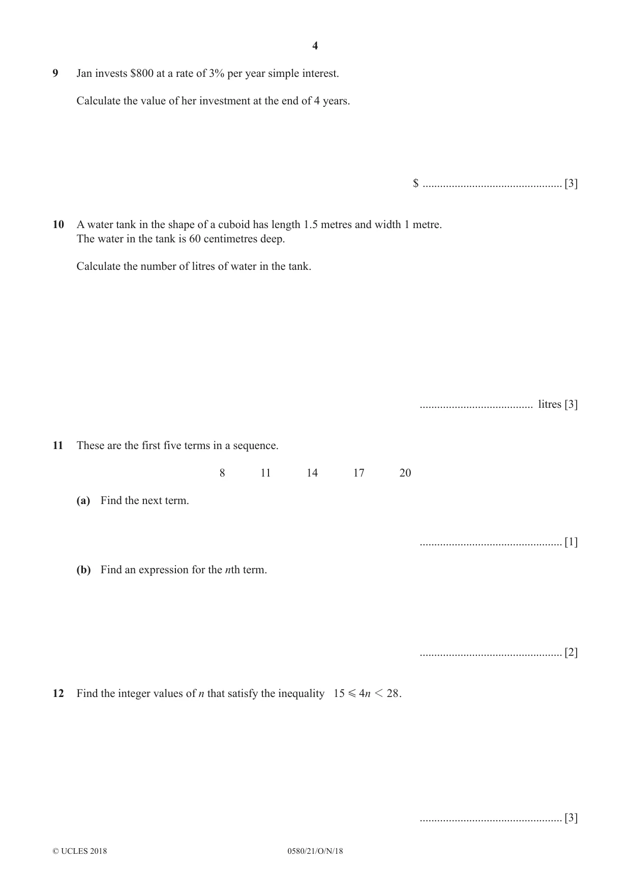 Cambridge IGCSE Mathematics 0580 2018 Oct/Nov Paper 2 · Variant 1 question paper, page 4 of 12
