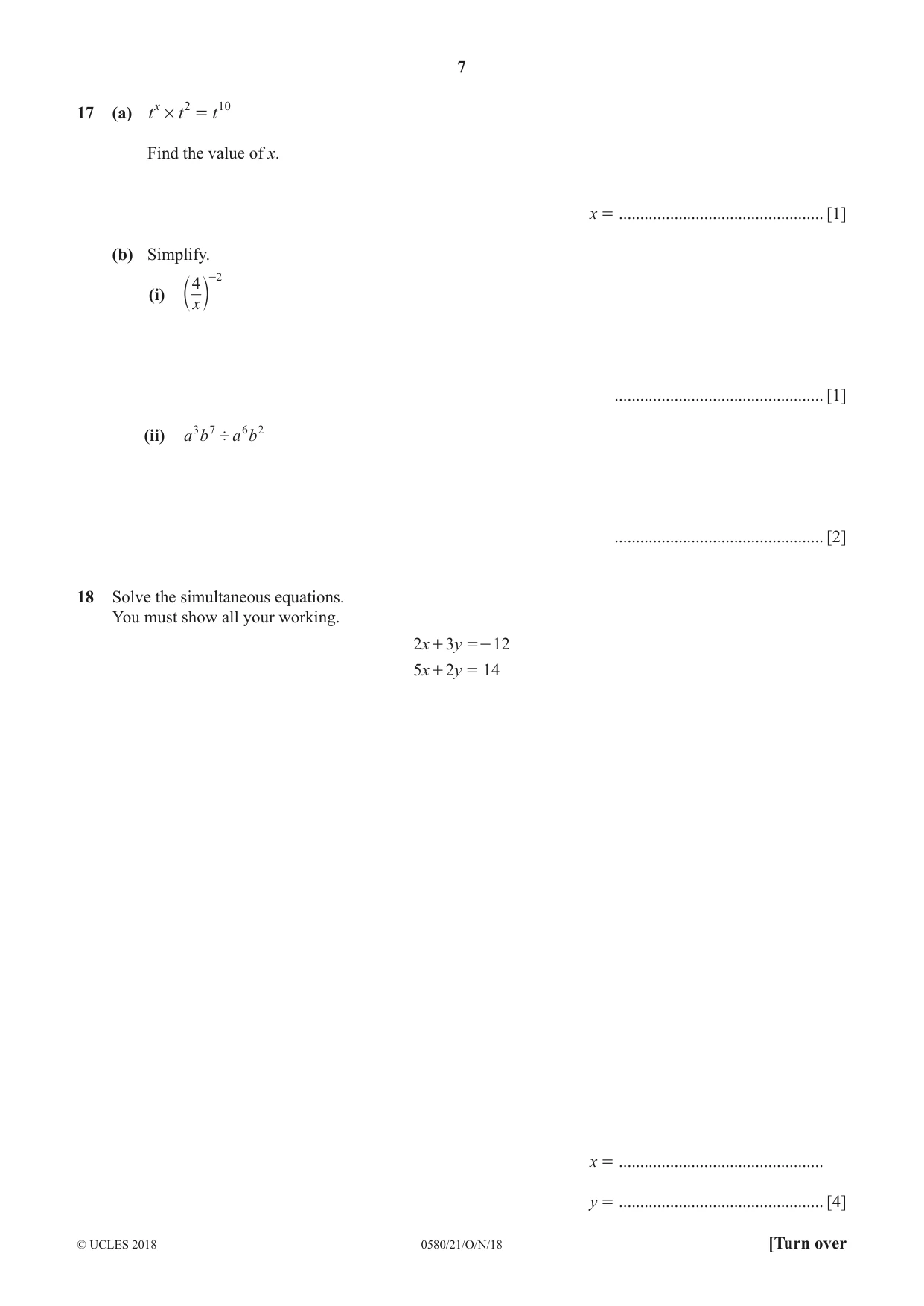 Cambridge IGCSE Mathematics 0580 2018 Oct/Nov Paper 2 · Variant 1 question paper, page 7 of 12