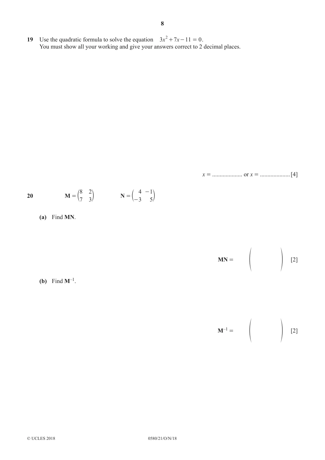 Cambridge IGCSE Mathematics 0580 2018 Oct/Nov Paper 2 · Variant 1 question paper, page 8 of 12
