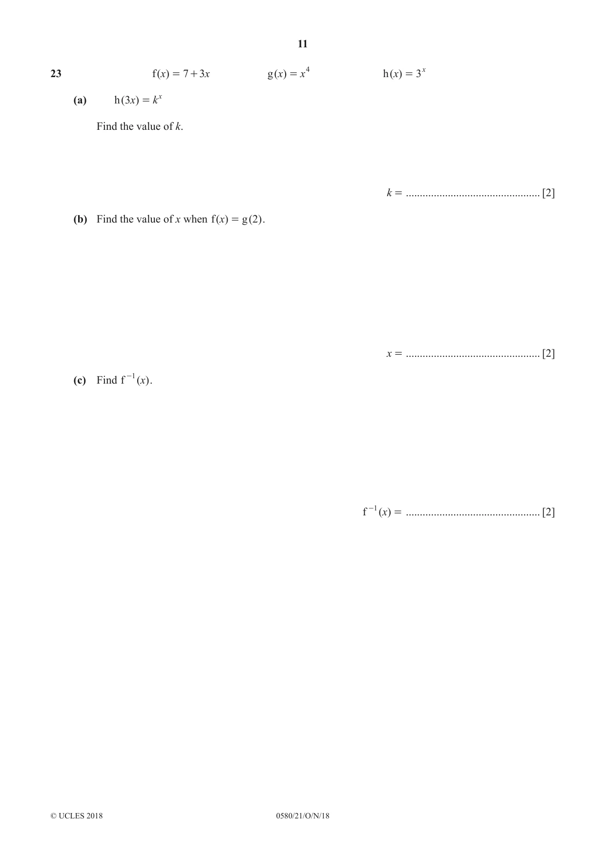 Cambridge IGCSE Mathematics 0580 2018 Oct/Nov Paper 2 · Variant 1 question paper, page 11 of 12