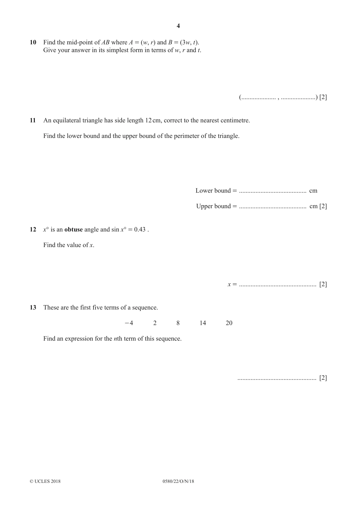 Cambridge IGCSE Mathematics 0580 2018 Oct/Nov Paper 2 · Variant 2 question paper, page 4 of 12
