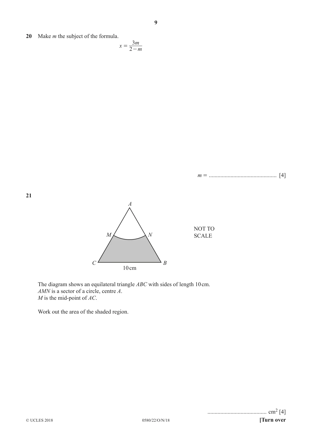 Cambridge IGCSE Mathematics 0580 2018 Oct/Nov Paper 2 · Variant 2 question paper, page 9 of 12