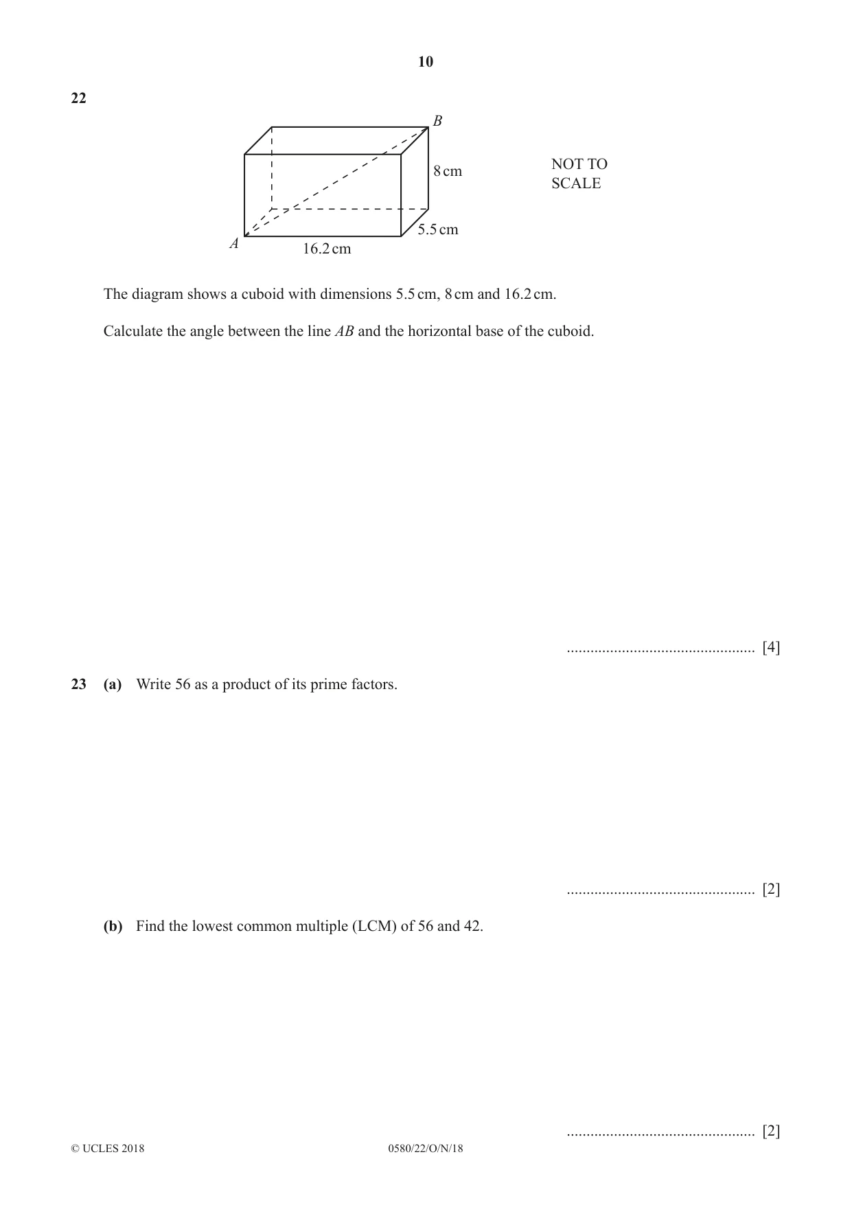 Cambridge IGCSE Mathematics 0580 2018 Oct/Nov Paper 2 · Variant 2 question paper, page 10 of 12