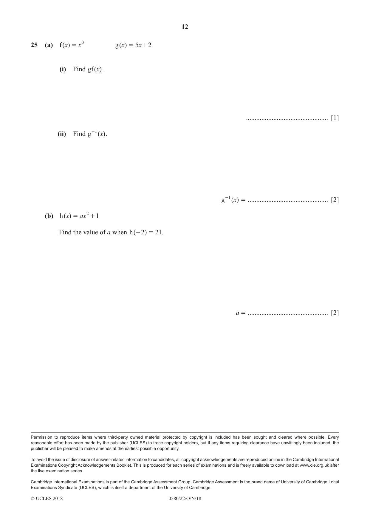 Cambridge IGCSE Mathematics 0580 2018 Oct/Nov Paper 2 · Variant 2 question paper, page 12 of 12