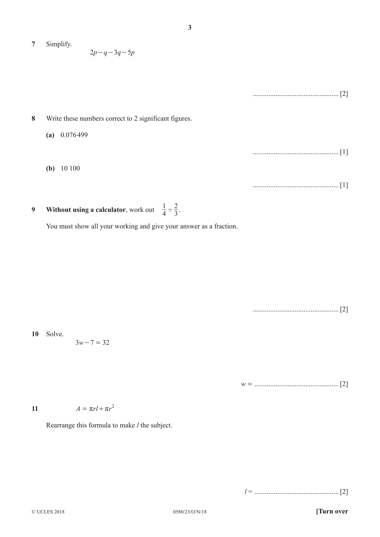 Cambridge IGCSE Mathematics 0580 2018 Oct/Nov Paper 2 · Variant 3 question paper, page 3 of 12
