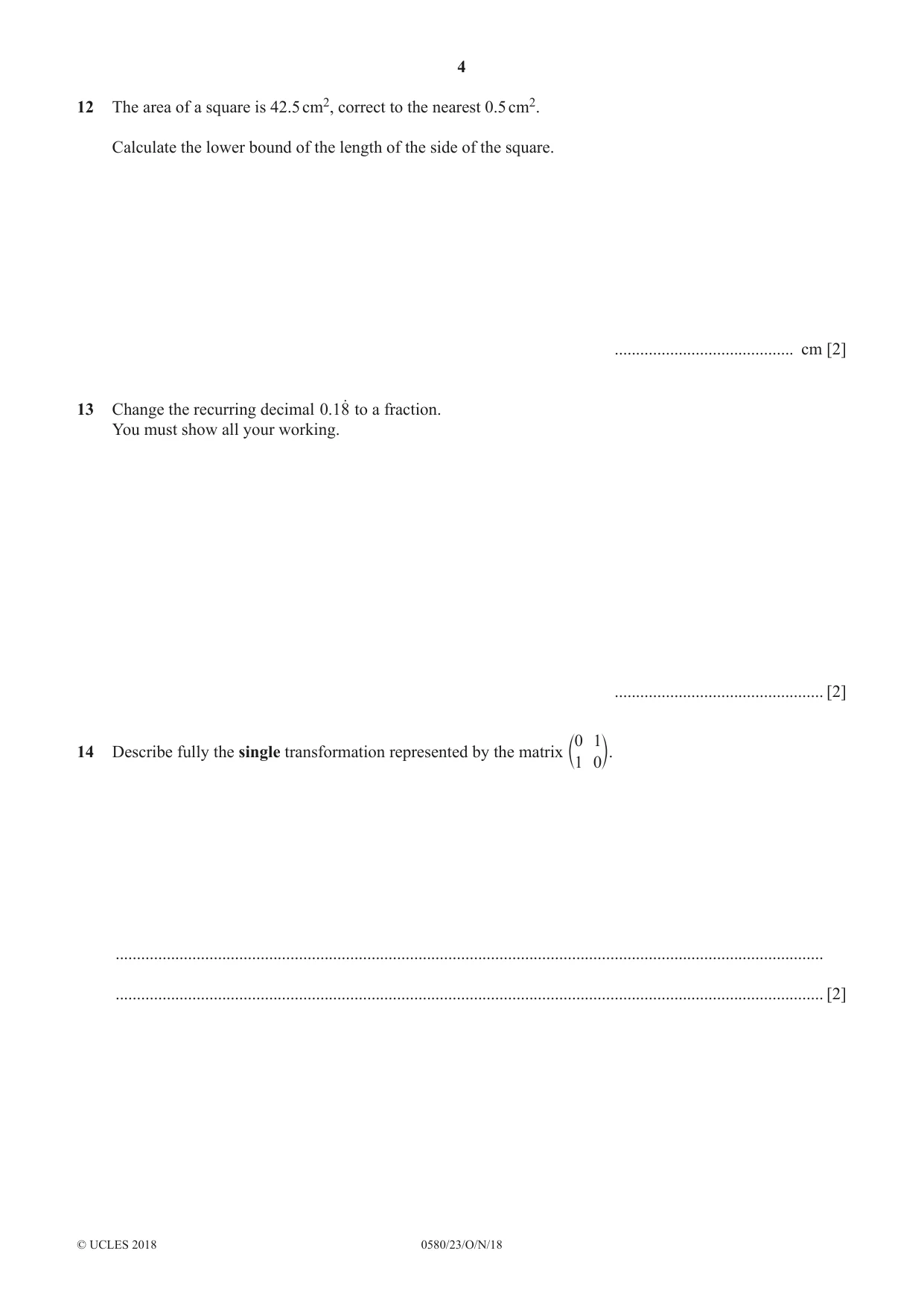 Cambridge IGCSE Mathematics 0580 2018 Oct/Nov Paper 2 · Variant 3 question paper, page 4 of 12