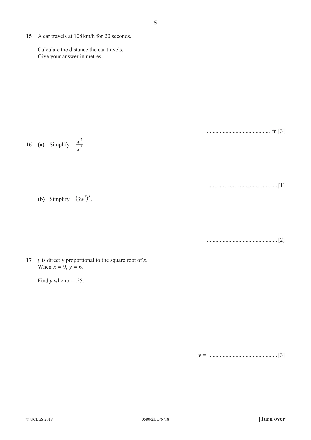 Cambridge IGCSE Mathematics 0580 2018 Oct/Nov Paper 2 · Variant 3 question paper, page 5 of 12