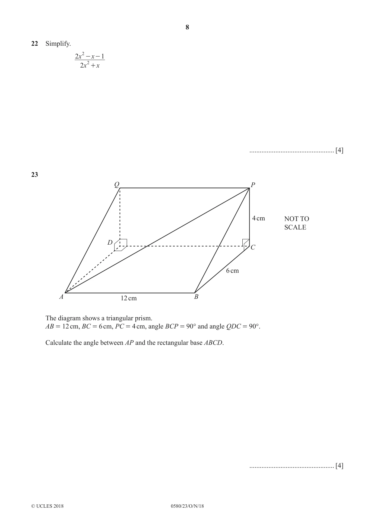 Cambridge IGCSE Mathematics 0580 2018 Oct/Nov Paper 2 · Variant 3 question paper, page 8 of 12