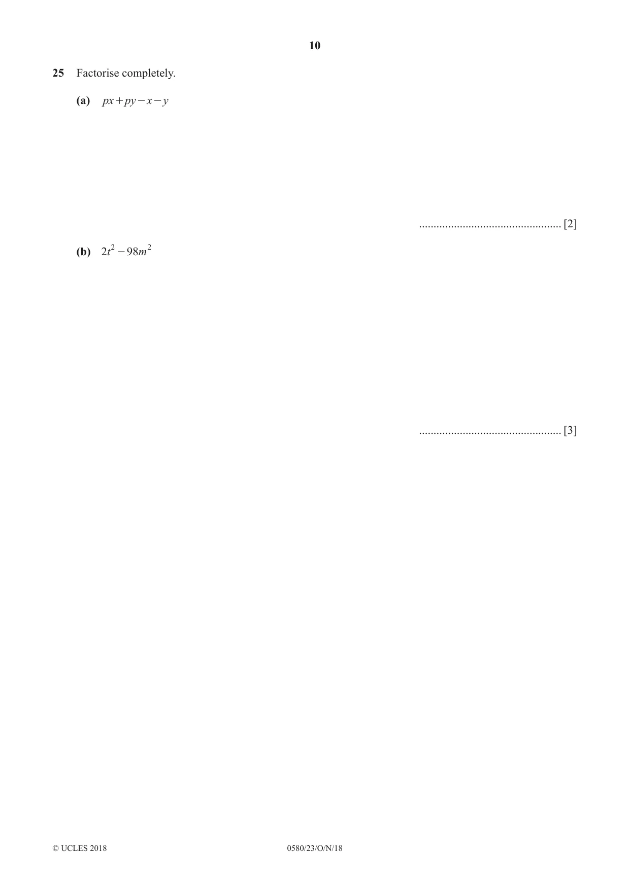 Cambridge IGCSE Mathematics 0580 2018 Oct/Nov Paper 2 · Variant 3 question paper, page 10 of 12