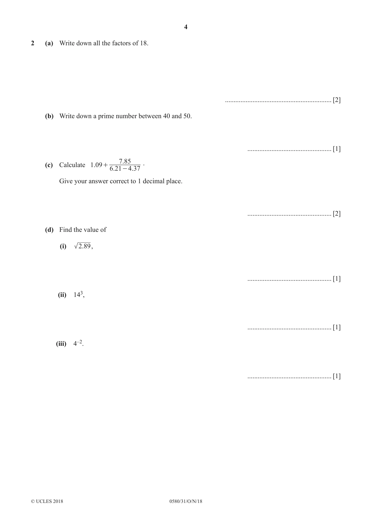 Cambridge IGCSE Mathematics 0580 2018 Oct/Nov Paper 3 · Variant 1 question paper, page 4 of 16