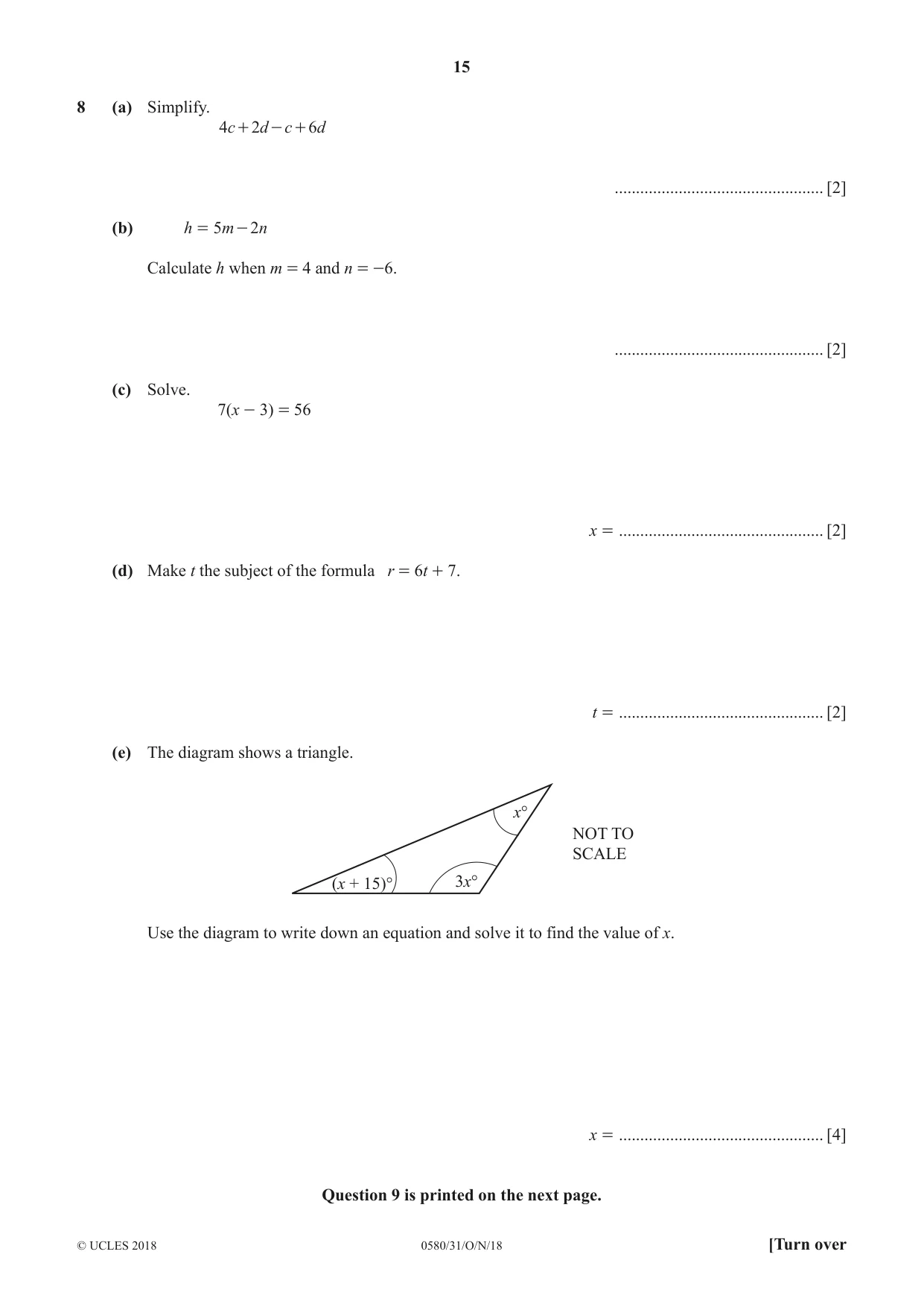 Cambridge IGCSE Mathematics 0580 2018 Oct/Nov Paper 3 · Variant 1 question paper, page 15 of 16