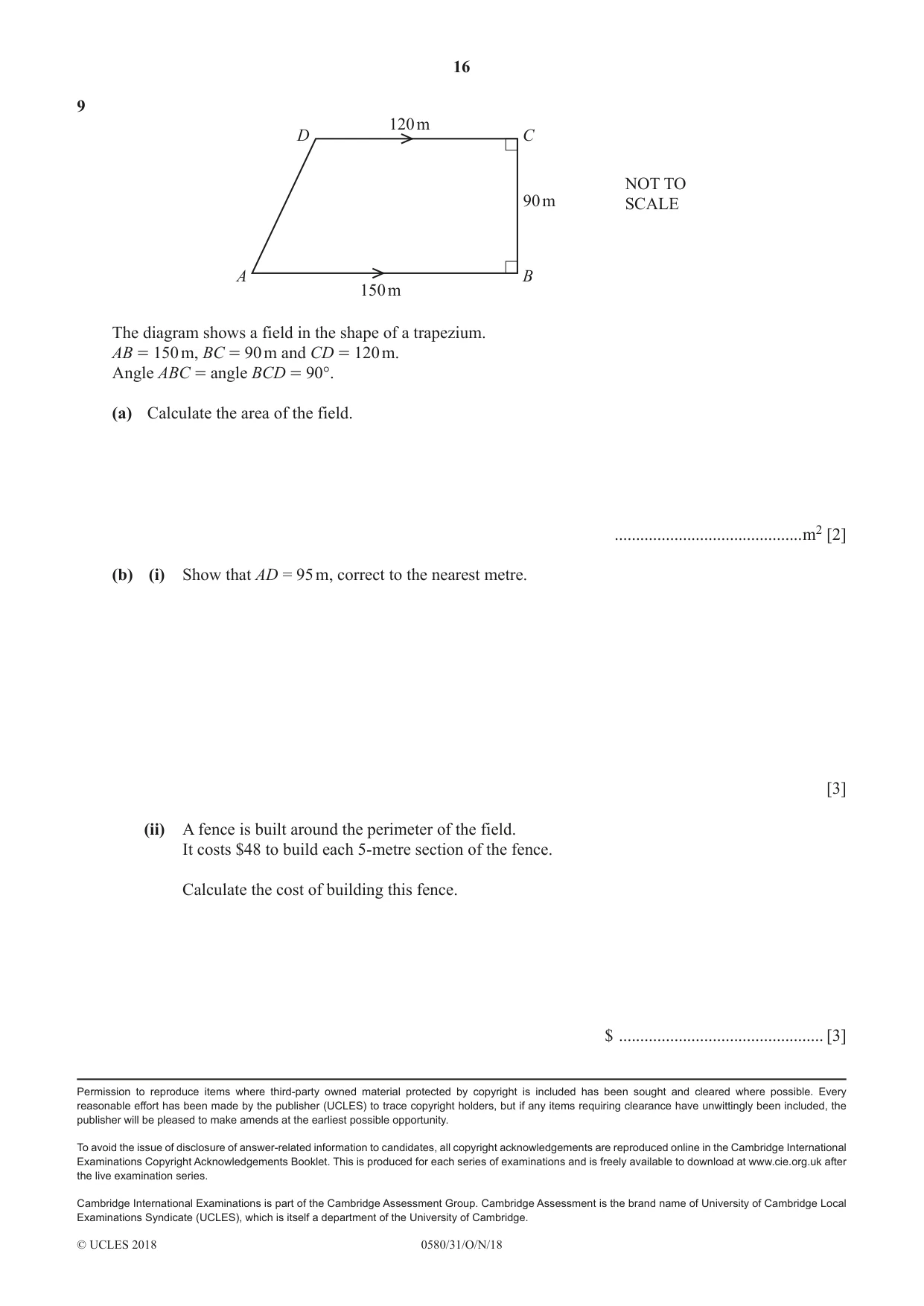 Cambridge IGCSE Mathematics 0580 2018 Oct/Nov Paper 3 · Variant 1 question paper, page 16 of 16