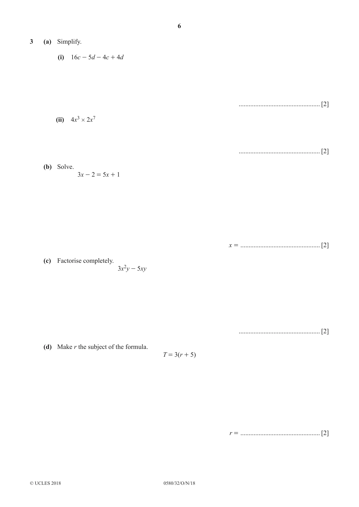 Cambridge IGCSE Mathematics 0580 2018 Oct/Nov Paper 3 · Variant 2 question paper, page 6 of 16