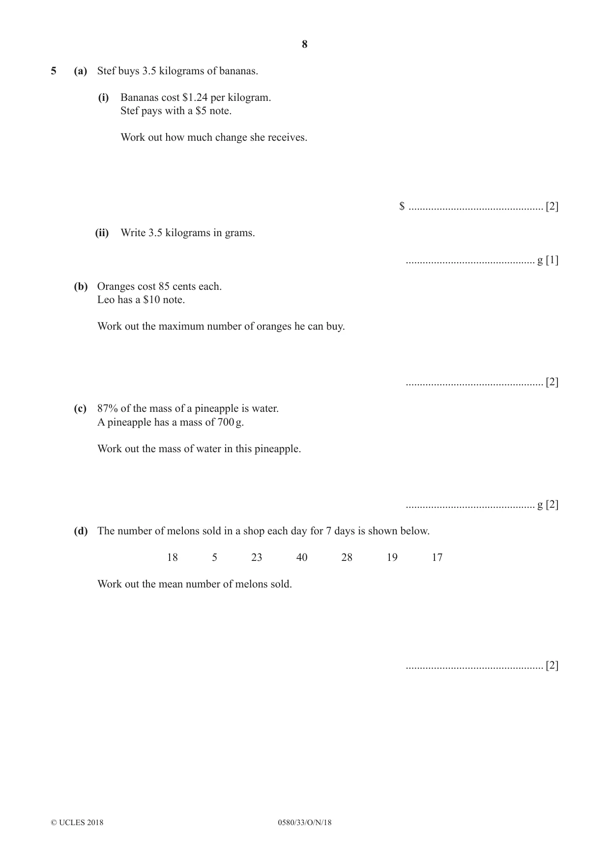 Cambridge IGCSE Mathematics 0580 2018 Oct/Nov Paper 3 · Variant 3 question paper, page 8 of 16