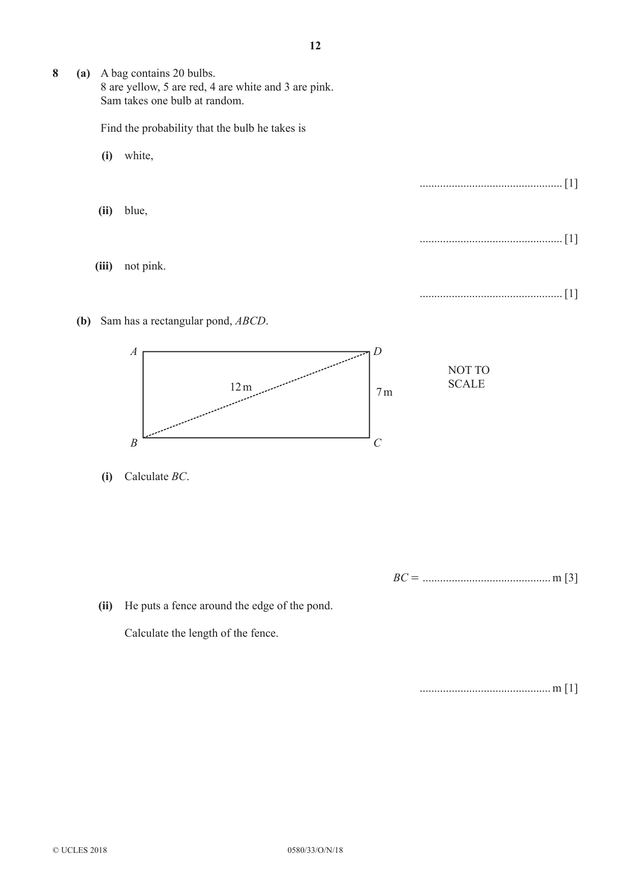 Cambridge IGCSE Mathematics 0580 2018 Oct/Nov Paper 3 · Variant 3 question paper, page 12 of 16