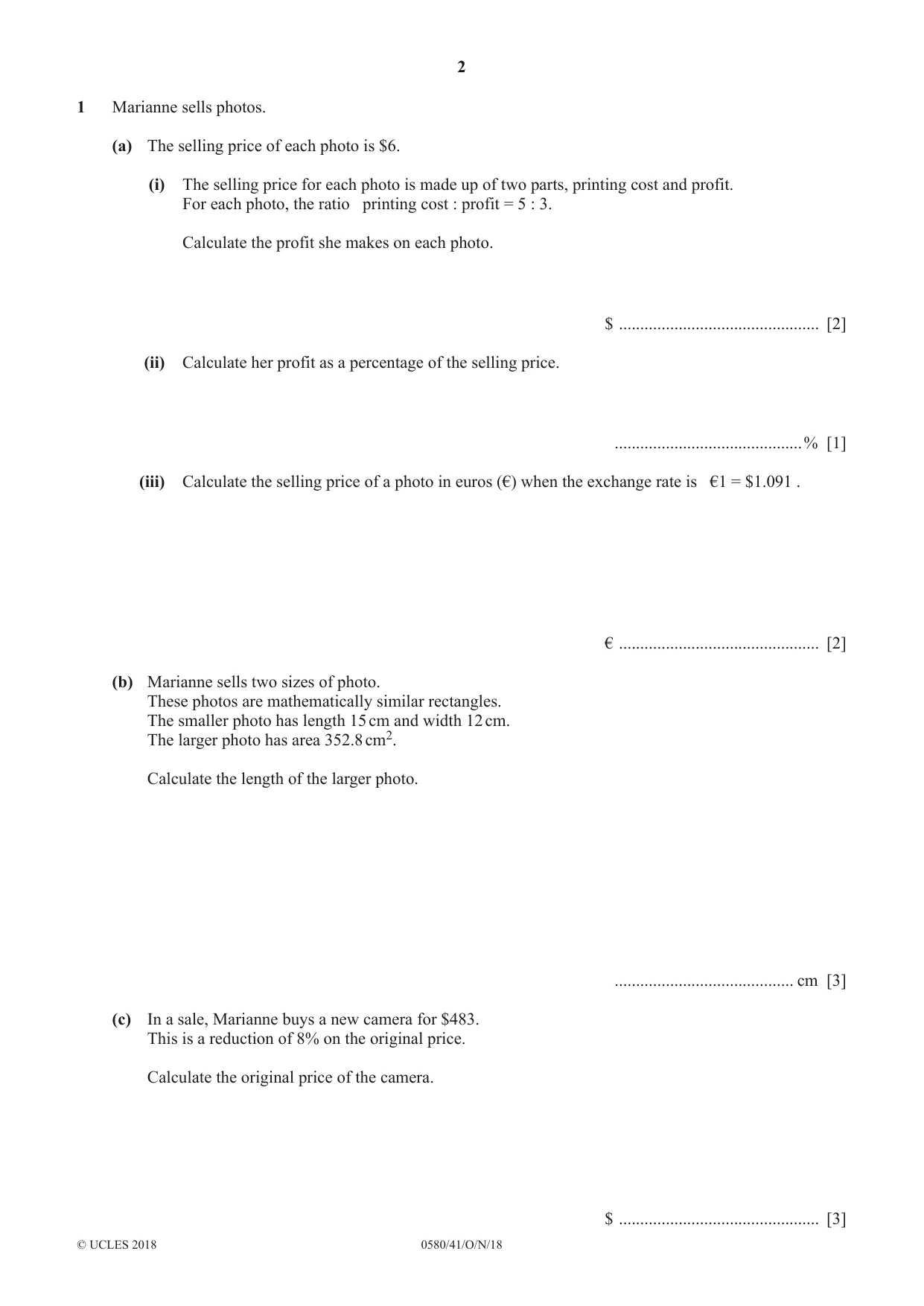 Cambridge IGCSE Mathematics 0580 2018 Oct/Nov Paper 4 · Variant 1 question paper, page 2 of 16