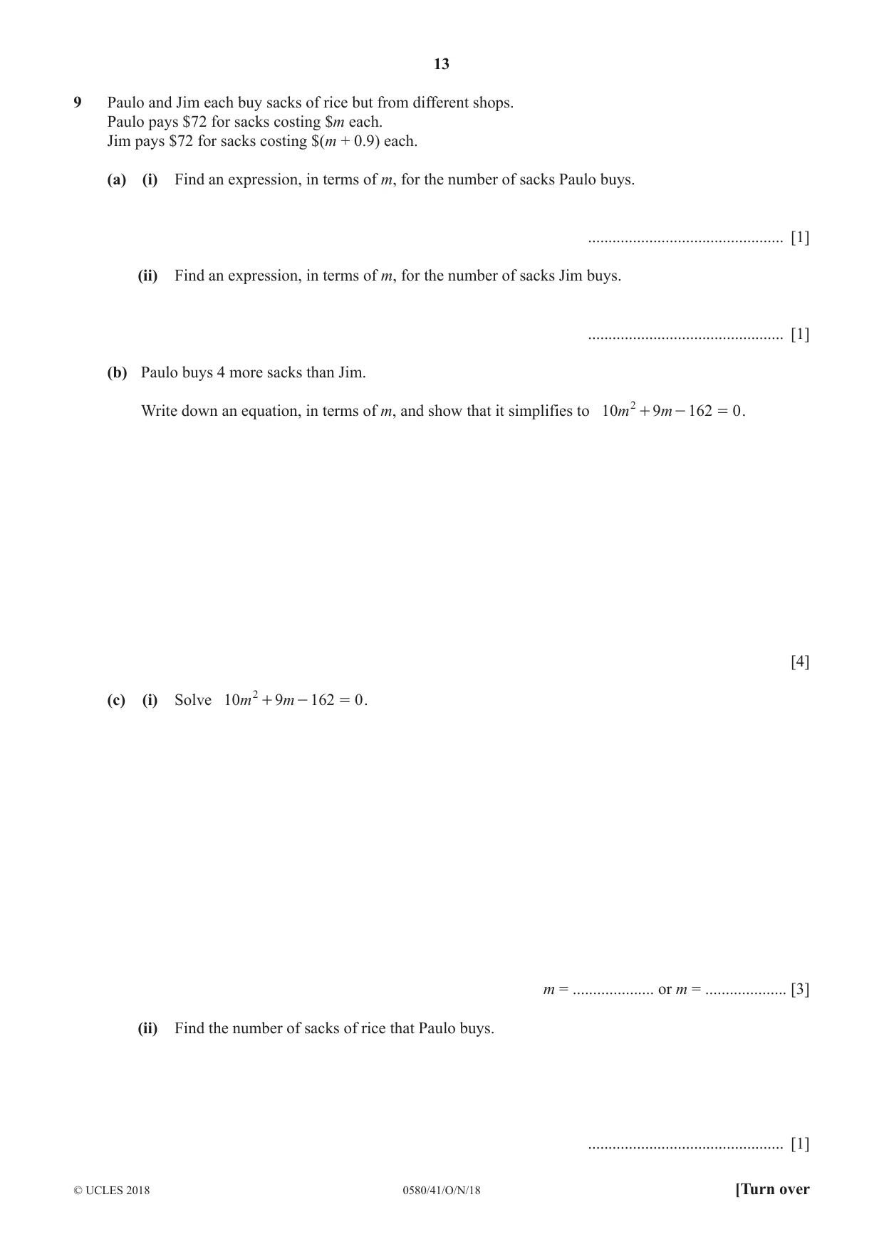 Cambridge IGCSE Mathematics 0580 2018 Oct/Nov Paper 4 · Variant 1 question paper, page 13 of 16