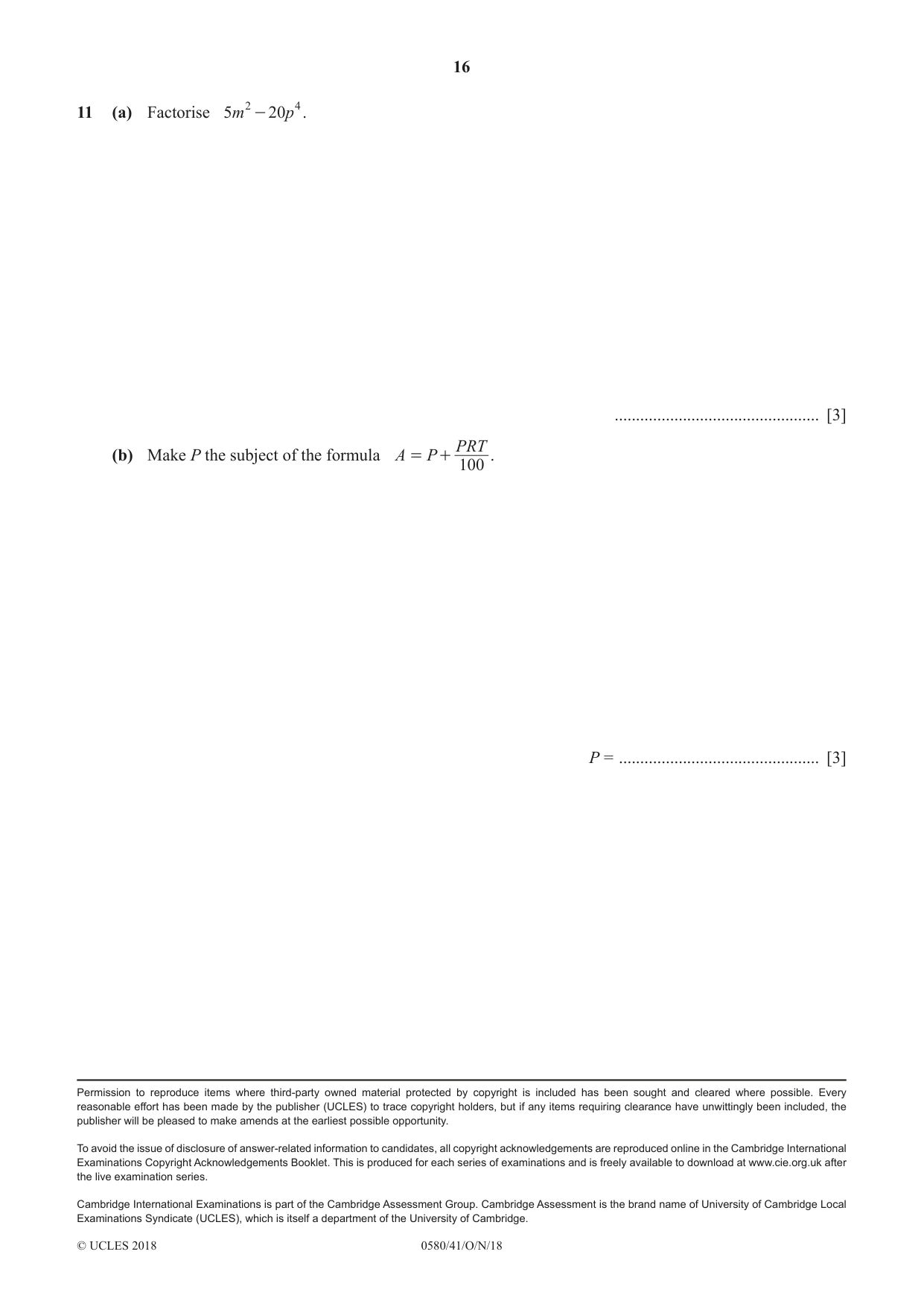 Cambridge IGCSE Mathematics 0580 2018 Oct/Nov Paper 4 · Variant 1 question paper, page 16 of 16