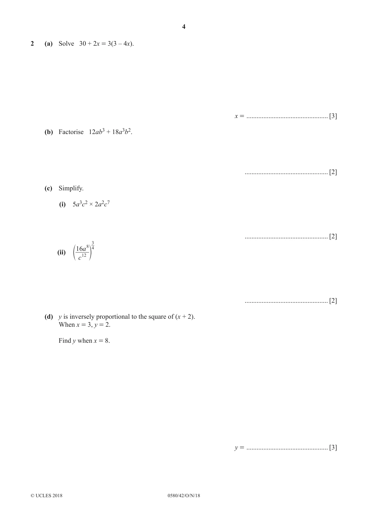 Cambridge IGCSE Mathematics 0580 2018 Oct/Nov Paper 4 · Variant 2 question paper, page 4 of 20