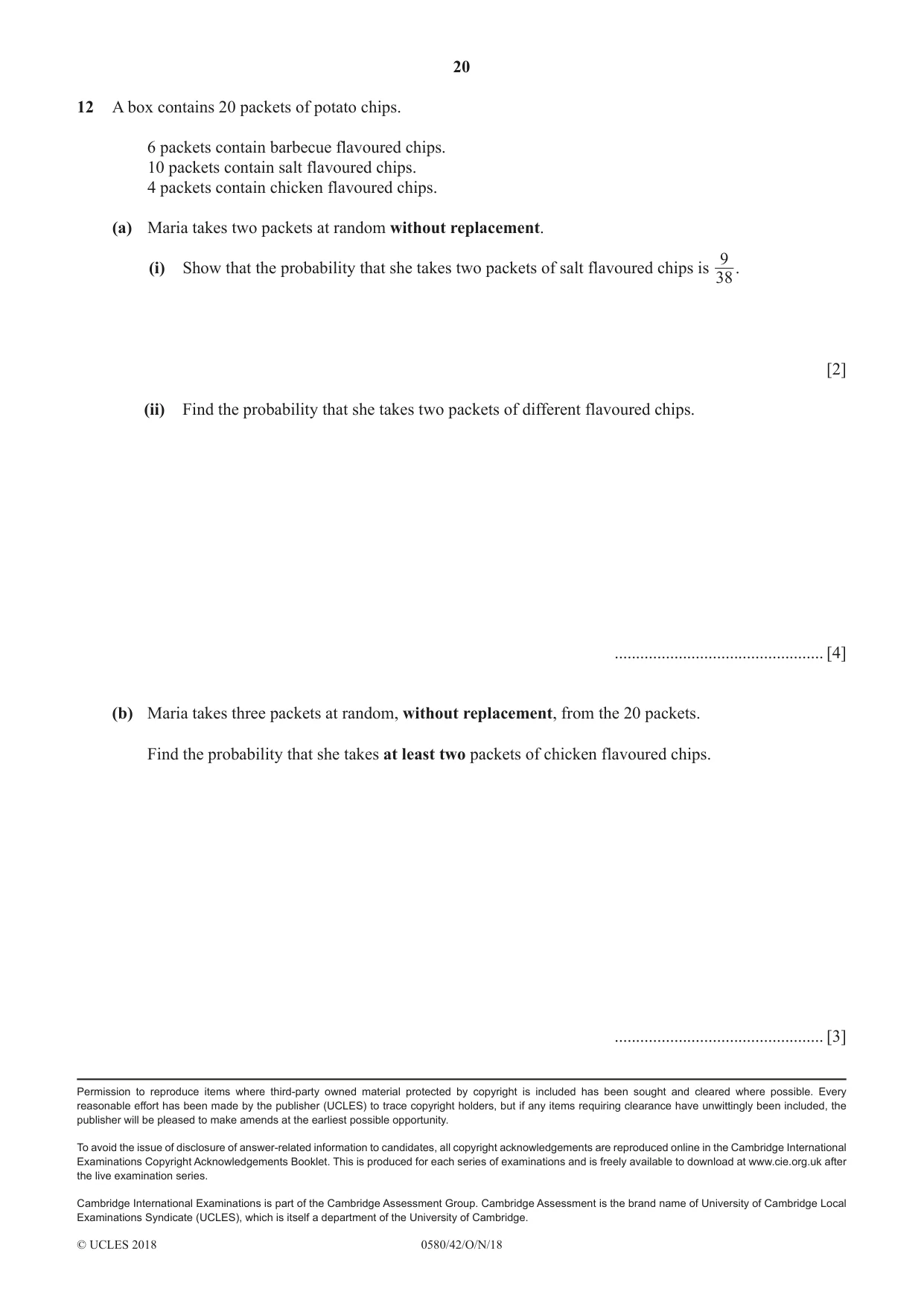 Cambridge IGCSE Mathematics 0580 2018 Oct/Nov Paper 4 · Variant 2 question paper, page 20 of 20