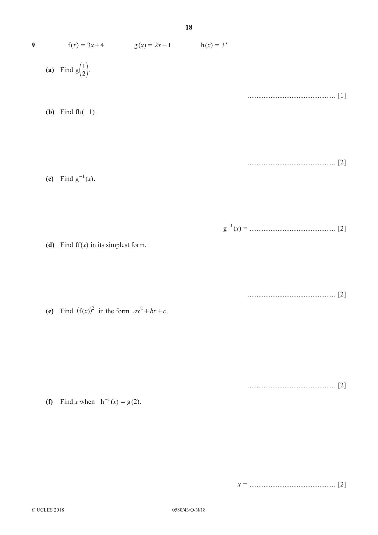 Cambridge IGCSE Mathematics 0580 2018 Oct/Nov Paper 4 · Variant 3 question paper, page 18 of 20