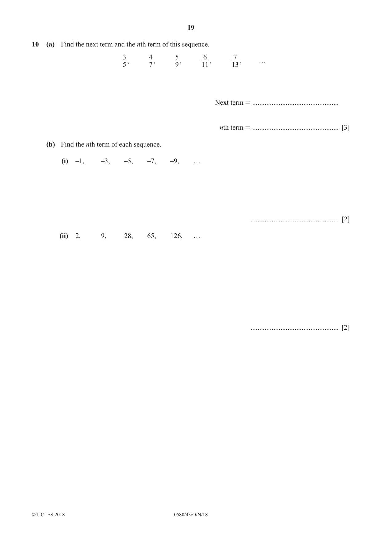 Cambridge IGCSE Mathematics 0580 2018 Oct/Nov Paper 4 · Variant 3 question paper, page 19 of 20